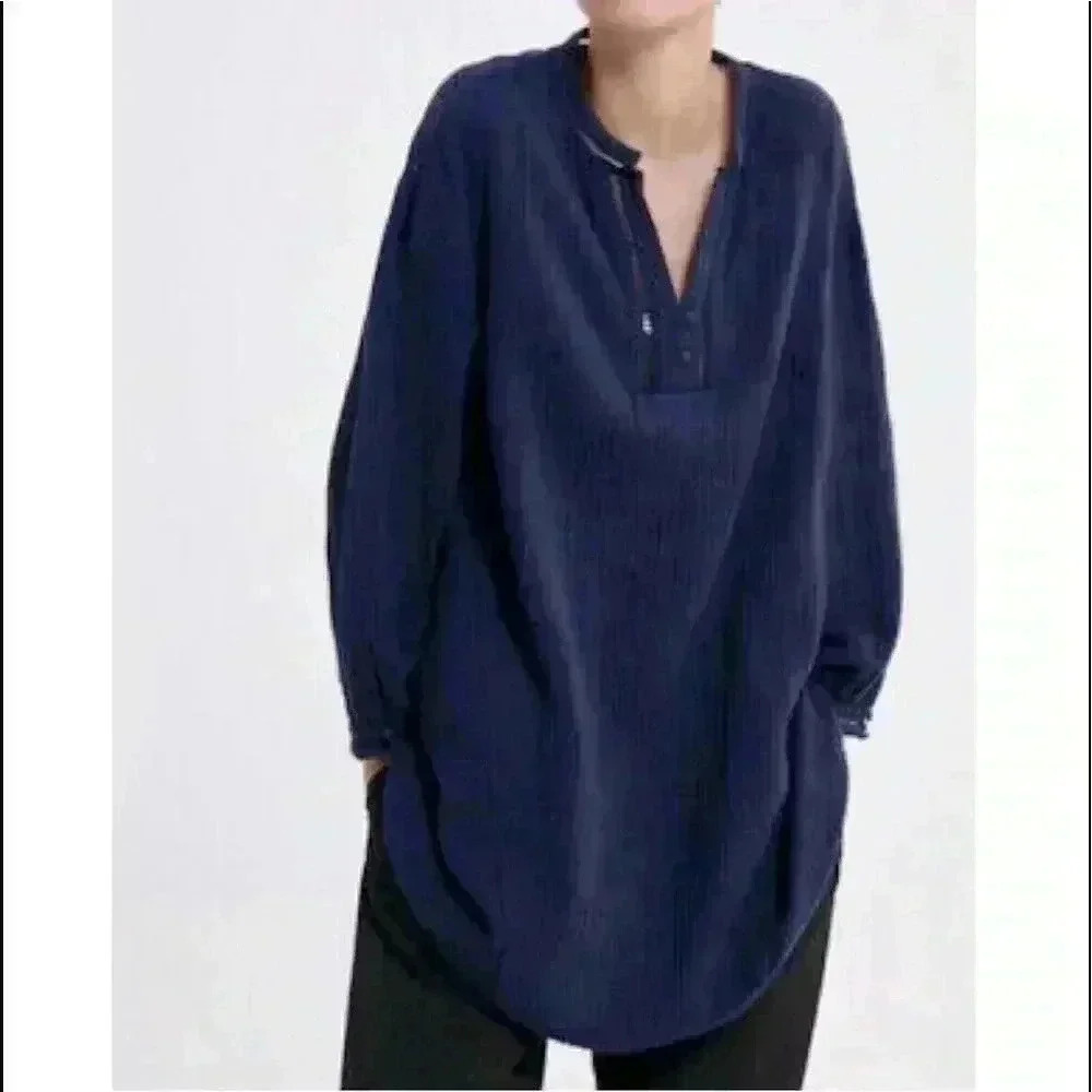 ZARA Navy Lace Insert V-Neck Tunic Top Size XS